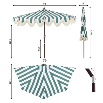 Beverly 9 ft. Designer Classic Scalloped Fringe Half Market Patio Umbrella